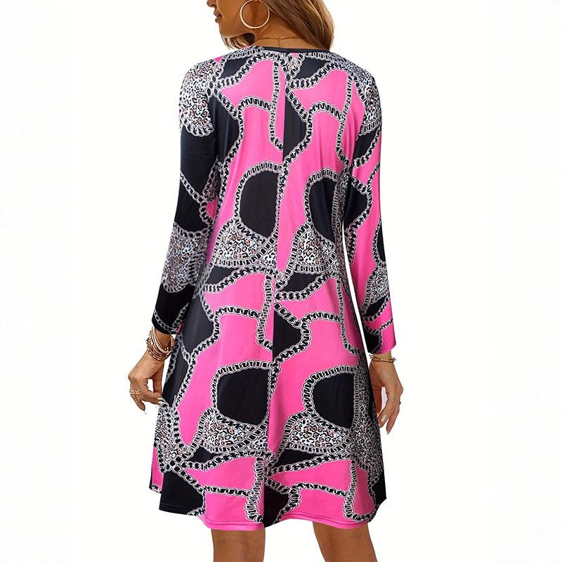 Women’s Boho V-Neck Long Sleeve Mini Dress – Flowy Tiered Dress with Geometric Print, Casual Everyday Sundress for Summer Wear
