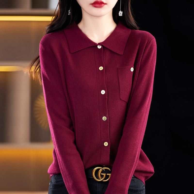 

Осень Новый Свитер-кардиган с воротником поло на пуговицах Нишевый дизайн Верхняя одежда с длинным рукавом Вязаный базовый топ XXL бордовый