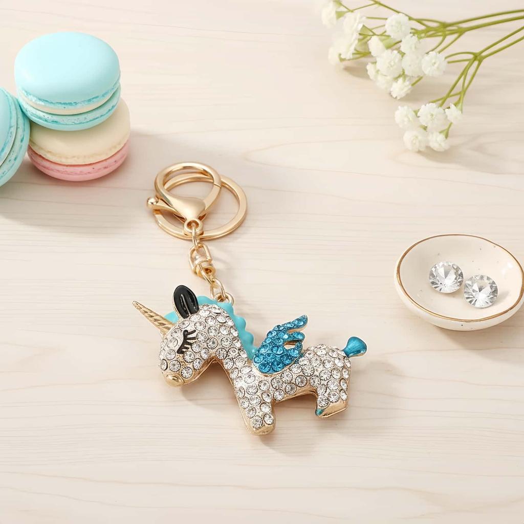 PYNASA Rhinestone Unicorn Keychain for Women, Cute Unicorn Animal Key Holder Accessory, Gift for Car, Backpack, Bag, Tag, Charm, Blue