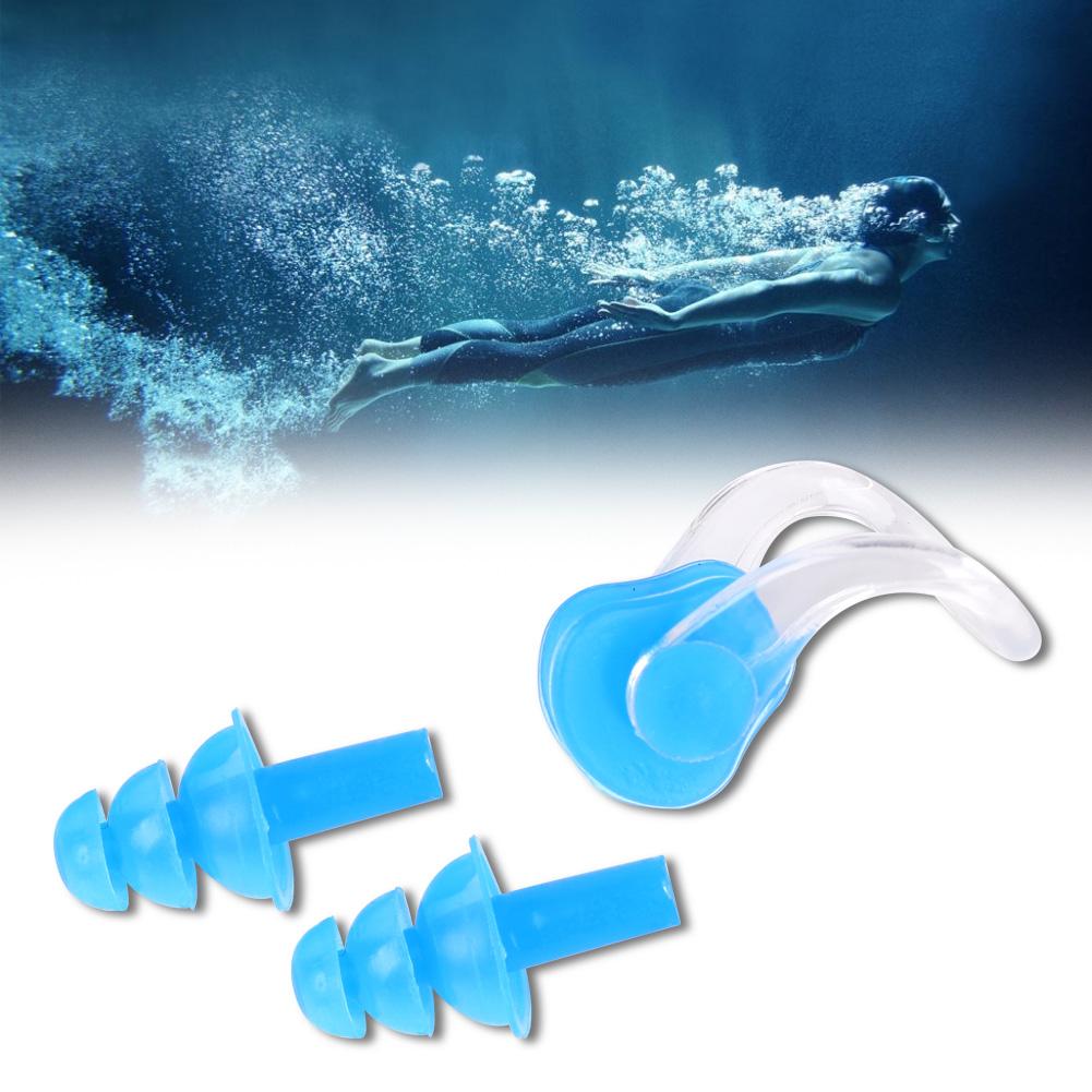 4Pcs Waterproof Soft Silicone Swimming Earplugs Earmuff Nose Clips Clamp Set Tools(Blue)