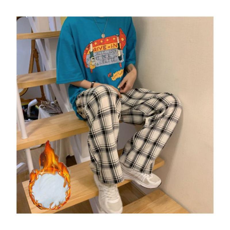 

Клетчатые повседневные брюки для женщин на весну и осень, новые свободные прямые брюки с высокой талией и широкими штанинами 4XL