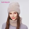 SOMALER Women's Winter Warm Fluffy Angora Hat Scarf Set Warm Angora Wool Knit Beanie  Neck Warmer 2 in 1 Gift Set