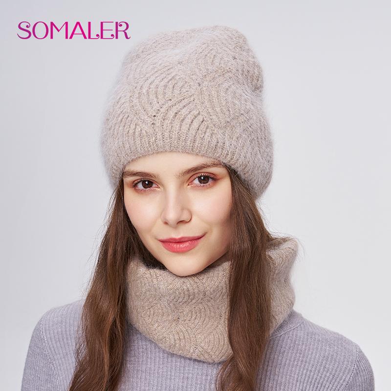 SOMALER Women's Winter Warm Fluffy Angora Hat Scarf Set Warm Angora Wool Knit Beanie  Neck Warmer 2 in 1 Gift Set