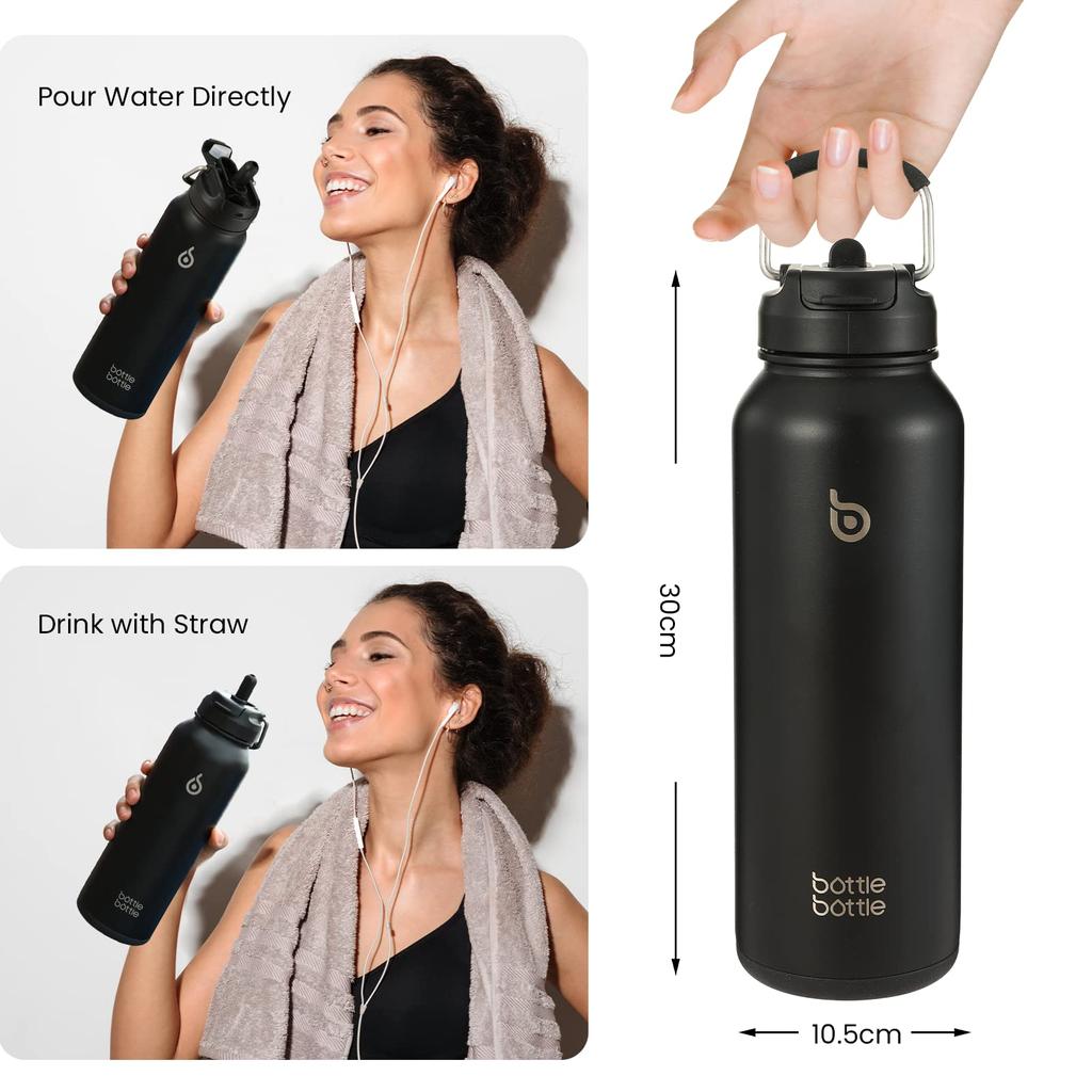 BOTTIGLIA BOTTIGLIA Acqua 1 Grande Bottiglia Inox con Thermos Sportiva Nera, Litro, Capacità, Acciaio, Prova, Coperchio a 2 Vie, Ragazze, Ragazzi, Adulti, Cannuccia,