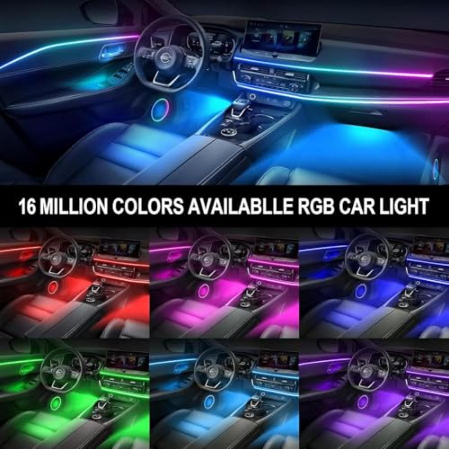 Acrylic Interior Car LED Lights with Wireless APP 6 In 1Ambient Lighting Kits Fiber Optic Strip LEDs 16 Million Colors Musicand