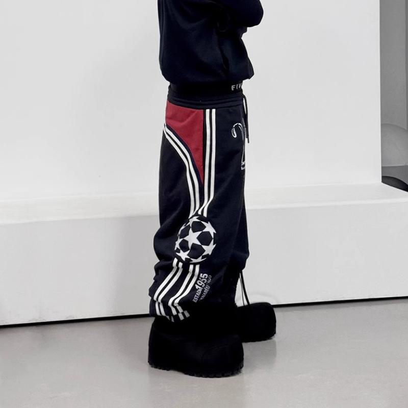 Europäische und amerikanische Street-Retro-Hose mit Seitenstreifen, Patchwork, Buchstabenprint, Hip-Hop, locker, mit Kordelzug