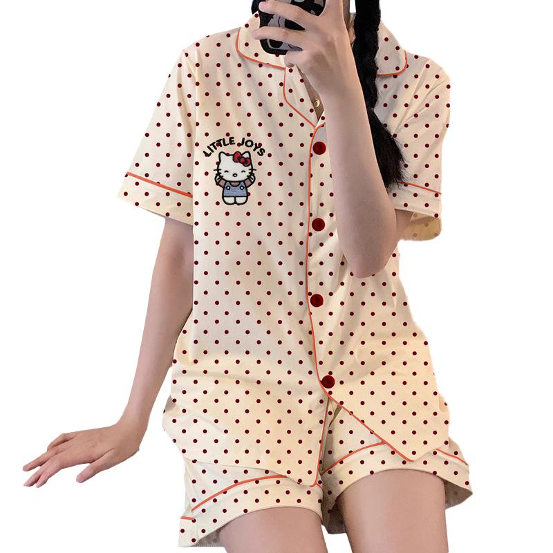 Damen Pyjama-Set im koreanischen Stil mit Cartoon-Polka-Dots – Kurzarm und Shorts, leichte Sommer-Homewear