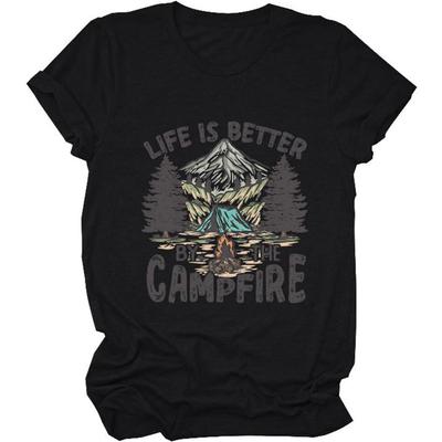 Life Is Better by The Campfire.T-Shirt Women Funny Camper Camp Camping T-Shirt Tent Graphic Tee Casual Top