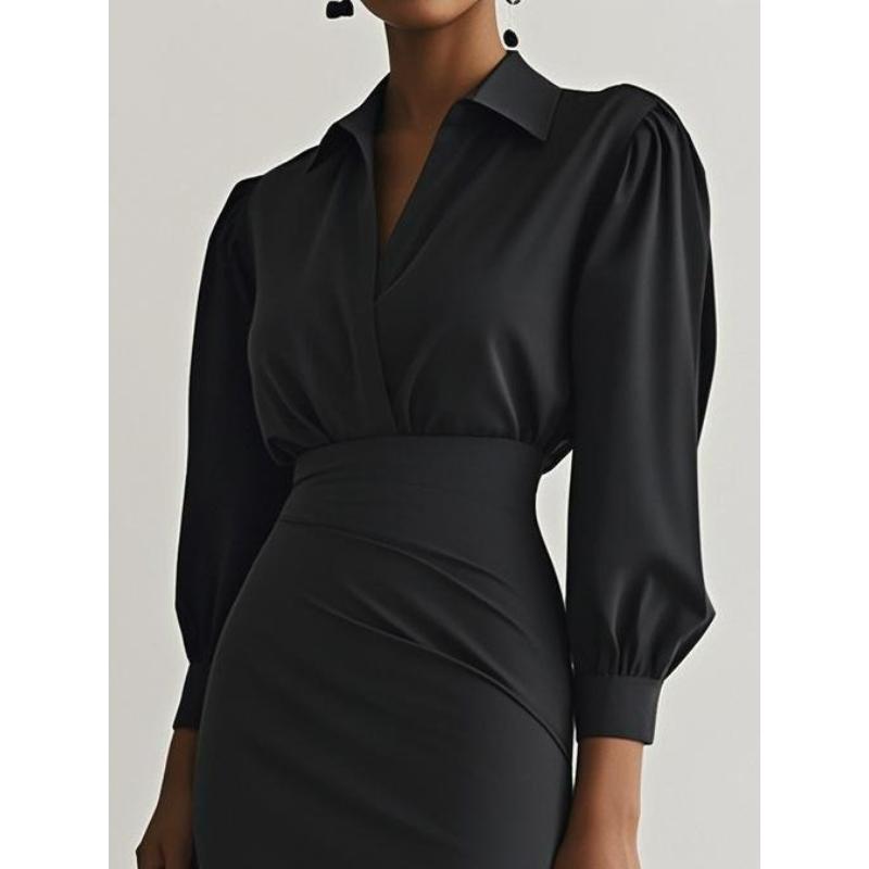 Women's V-Neck Ruffle Dress, Belted Waist Solid Color Midi Dress with Elegant Pleats, Office Casual Slim Fit Long Dress for Versatile Styling