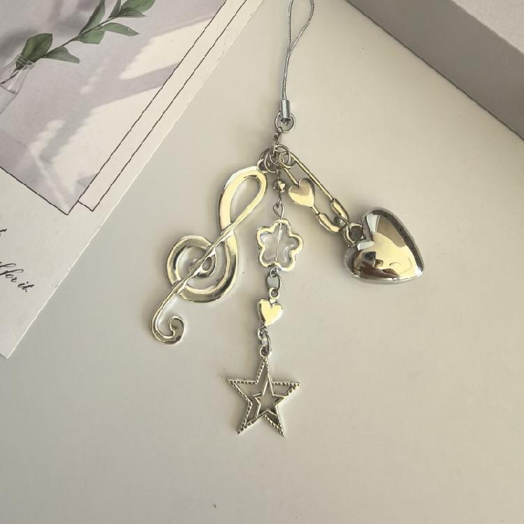 Handsome Metallic Key Holder Artistic Silver Tone Accessory Star Heart Musical Note Pendant Keychain Charm