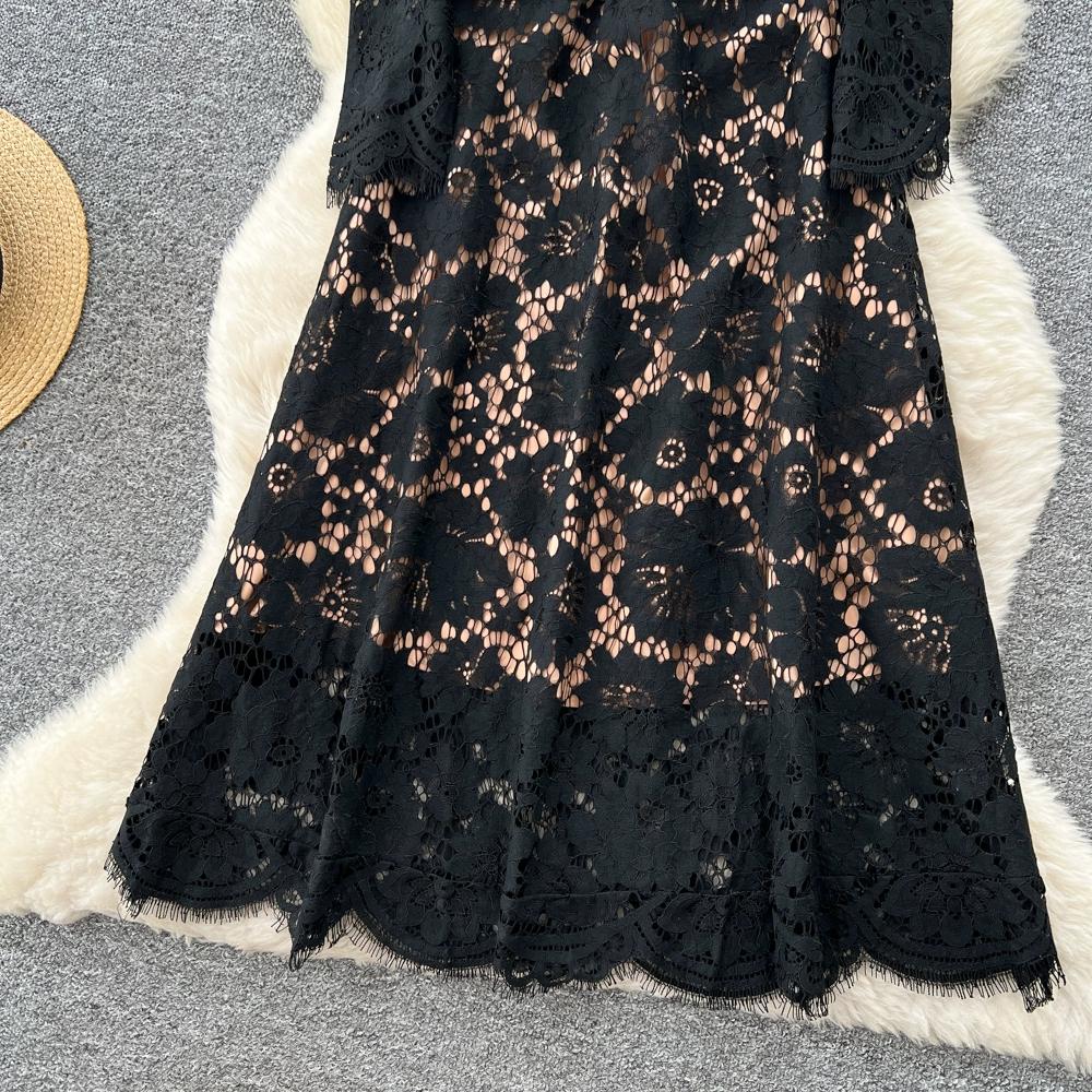 Vestidos Midi de Festa Femininos Vintage de Manga Comprida Vazados em Renda para Primavera Outono