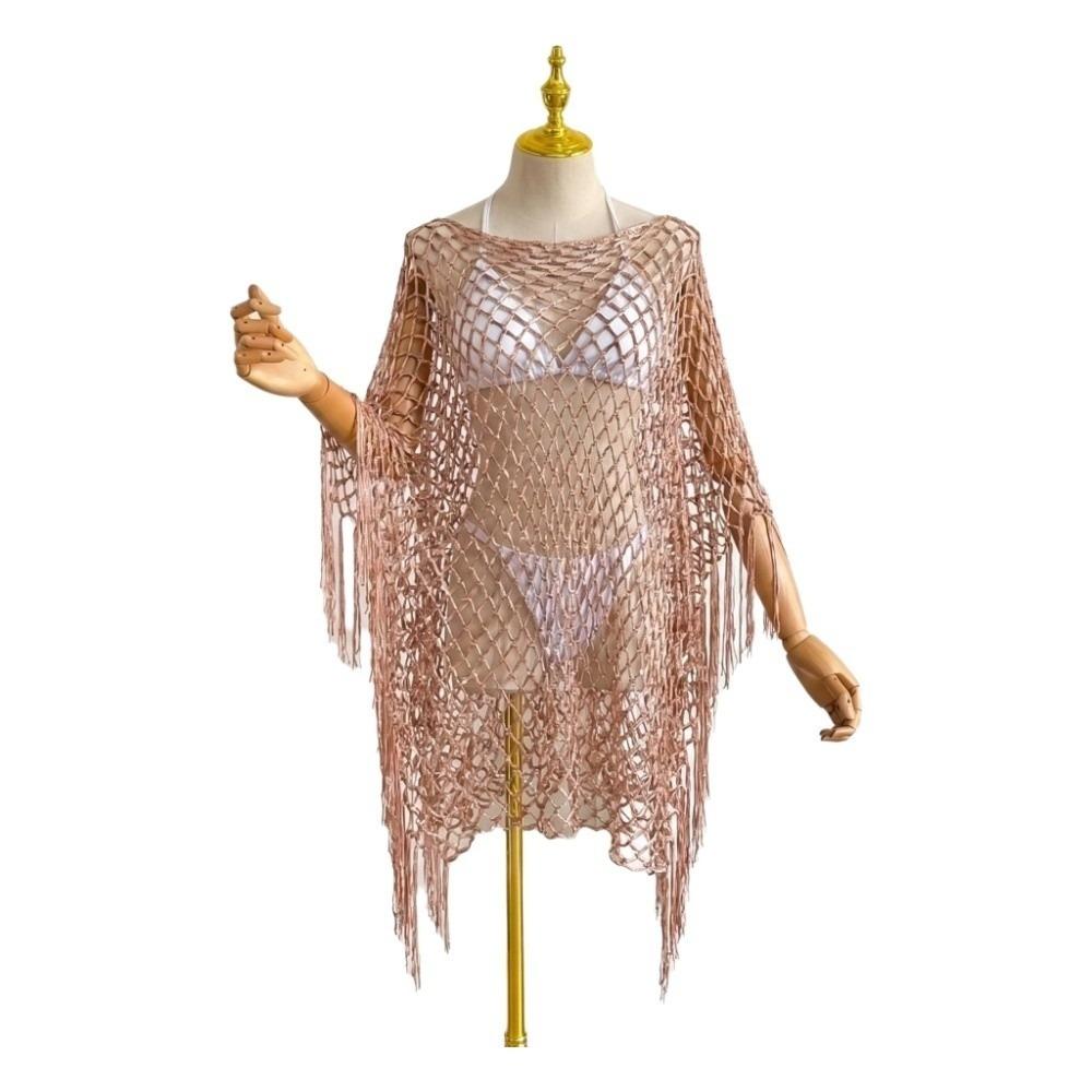 Tassel Sunscreen Cover-up Loose Fit Knit Hollow Out Top Fashion Fishnet Swimsuit Cover Up  Vacation
