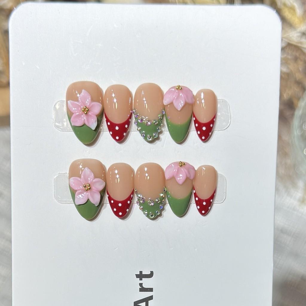Handmade Press On Nail French Red Green Color 3D Carved Pink Flowers Polka Point Short Almond Fake Nail Patch Artificial Nail Reusable XS
