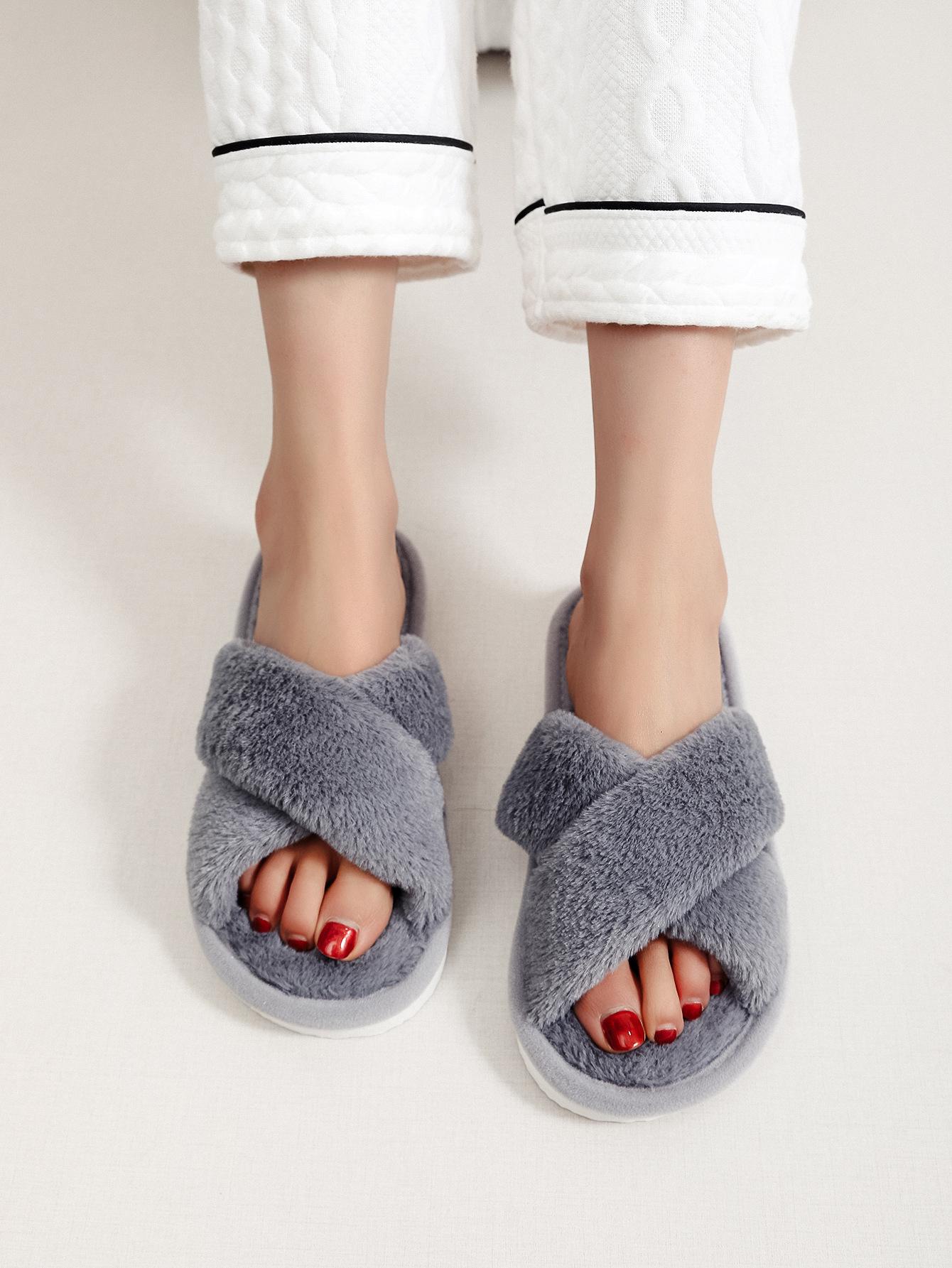 

Women s Cross-Strap Fluffy Open-Toe Slippers - Warm Cotton Home Footwear 42-43 серый