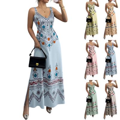 Women's Sleeveless V Neck Vintage Floral Print Maxi Dress with Side Slit Elegant Casual Summer Dress for Outdoor Events