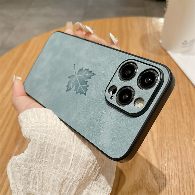 Luxury Matte Soft Suede Leather Maple Leaf Pattern Case For iPhone 15 14 Plus 13 11 12 Pro X XS Max XR Shockproof Silicone Cover