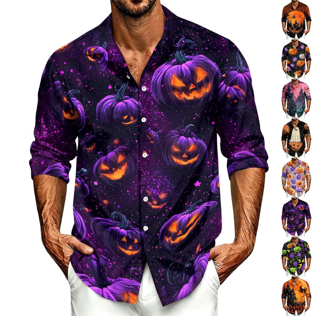Men's Casual Long-Sleeve Shirt with Halloween Print for Spring ,Summer and Fall
