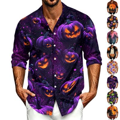 Men's Casual Long-Sleeve Shirt with Halloween Print for Spring ,Summer and Fall