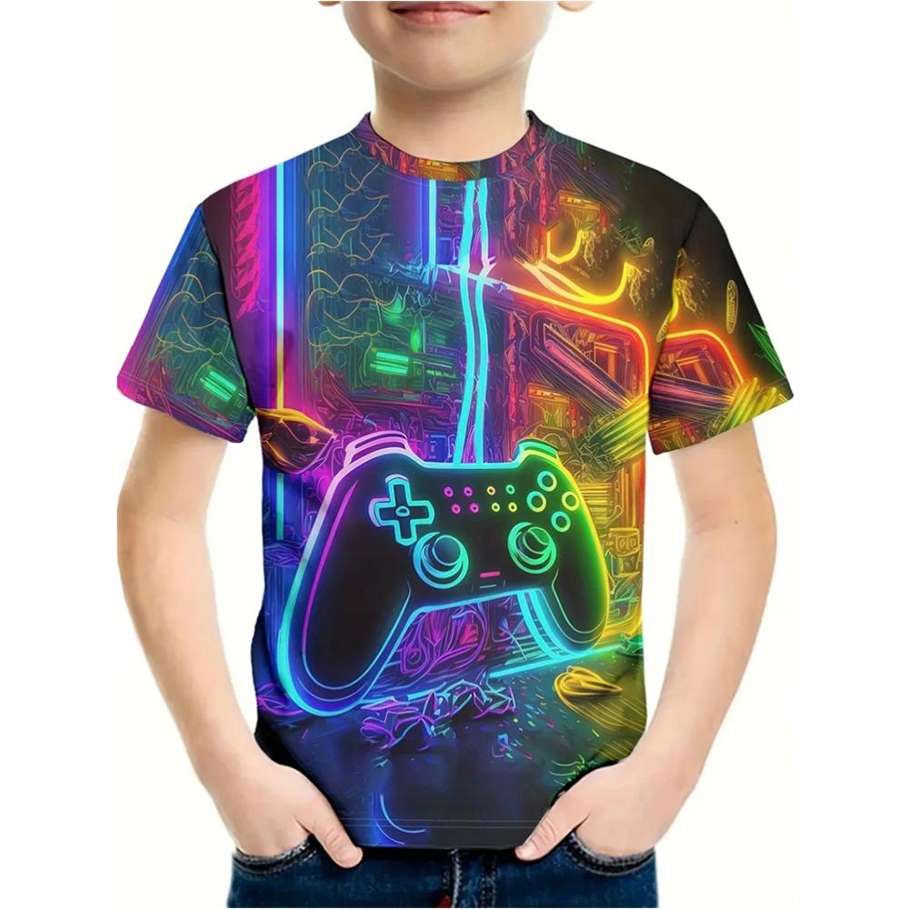 T-Shirt for Kids 3D Print Gamepad Doodle Boy's T-shirts Casual Round Neck Short Sleeves Tees Tops Summer Girl Clothing