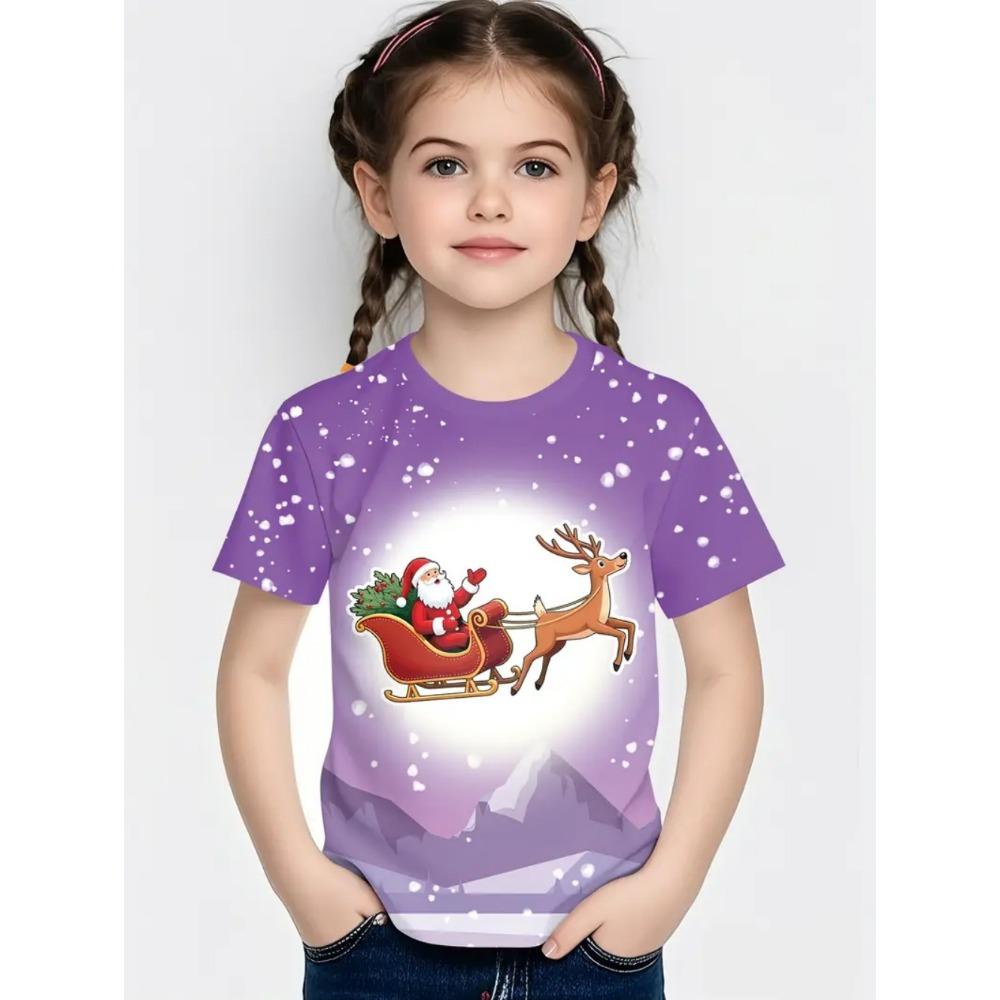 Girl T-shirt Snowman 3D Printed Girl Short sleeved T-shirt Santa Claus Boy Children's T-shirt Fashion Christmas Happy Children's Clothing