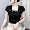 Classic Ladies Summer Lace T-shirt Clothes Sexy Square Neck Pearl Button Slim Tops Shirts Elegant Short Sleeve Women Tees