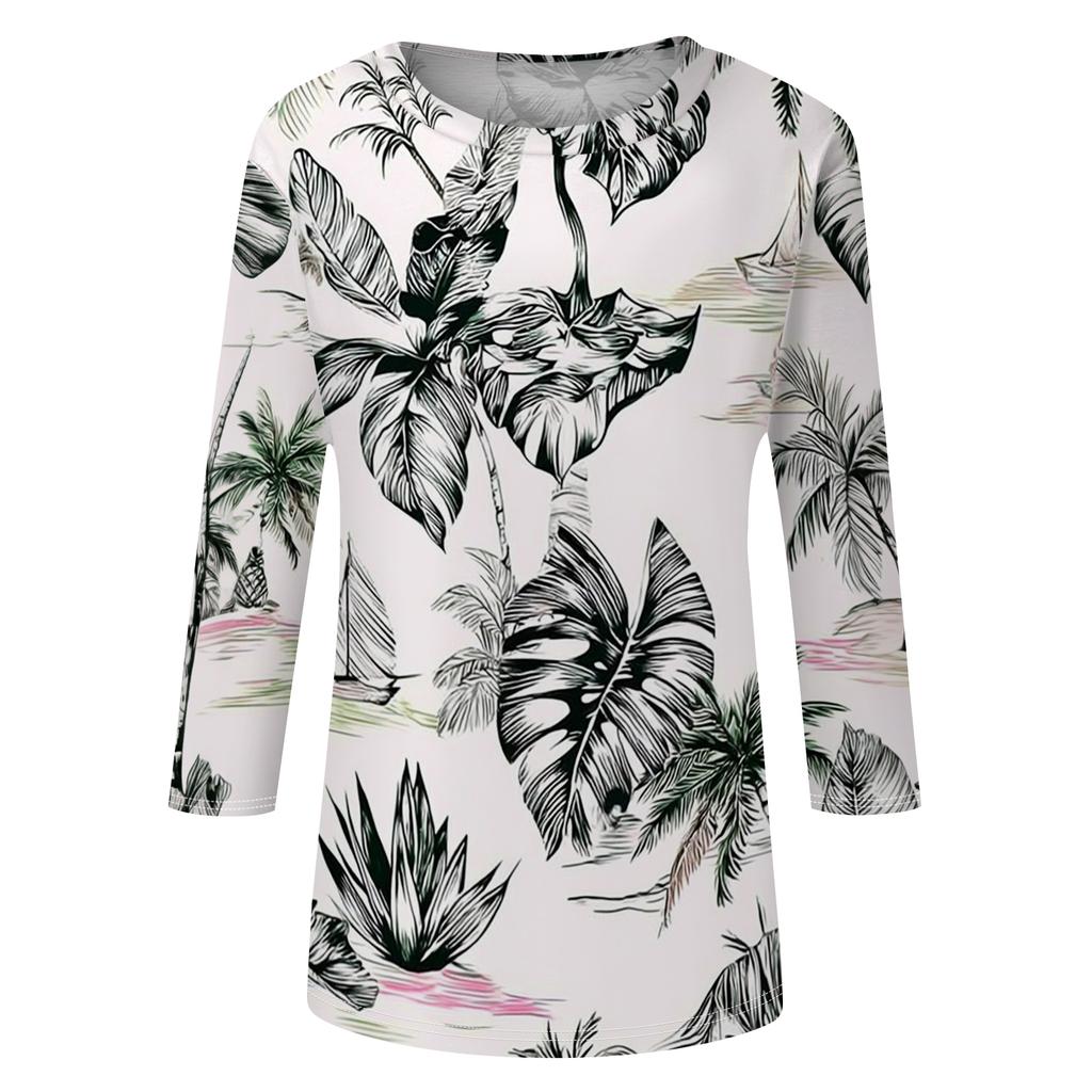 Women's Fashionable Casual Round Neck Three-Quarter Sleeve Printed T-Shirt Top