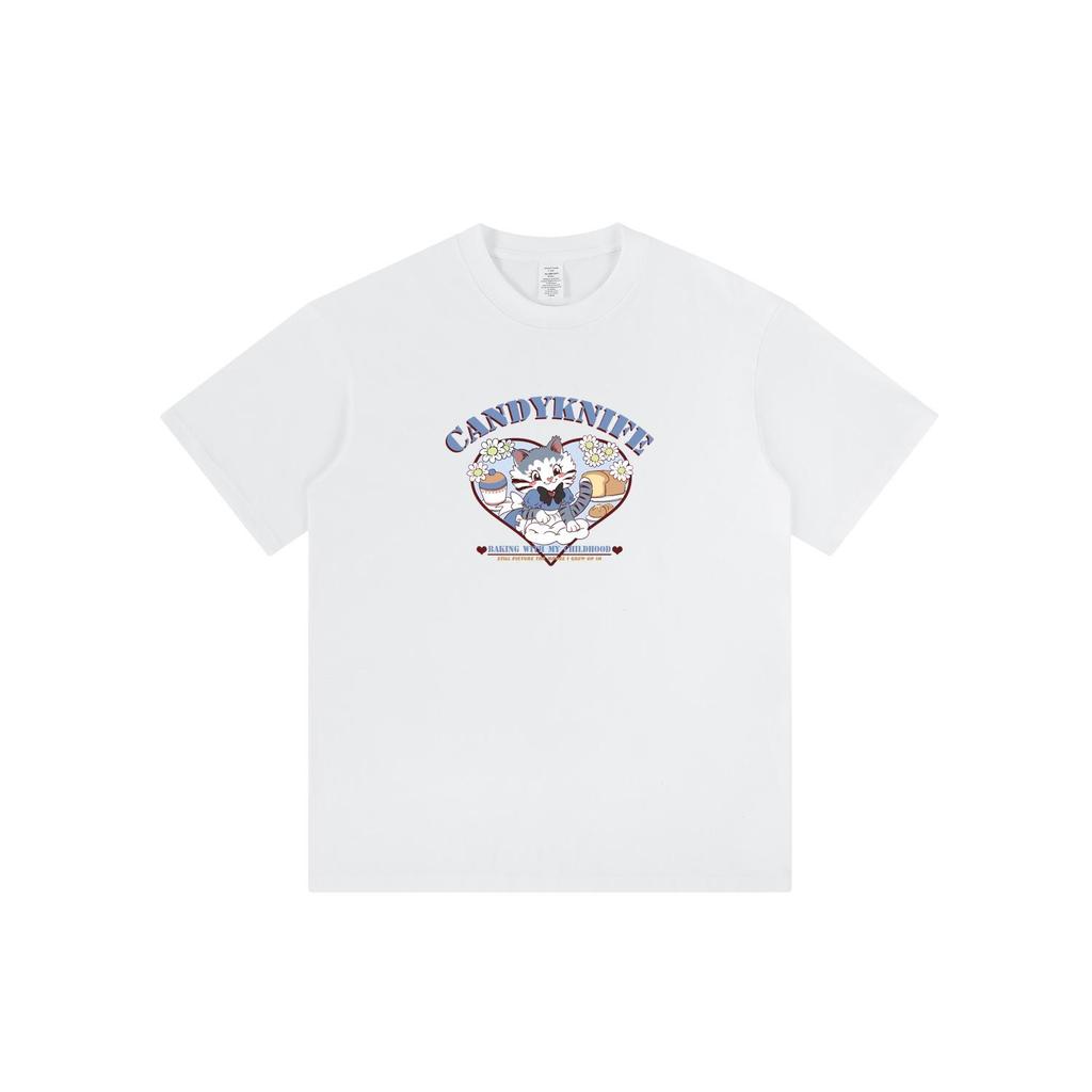 Lazy Style Pure Cotton Cute Kitten Short Sleeve Casual T-Shirt for Summer