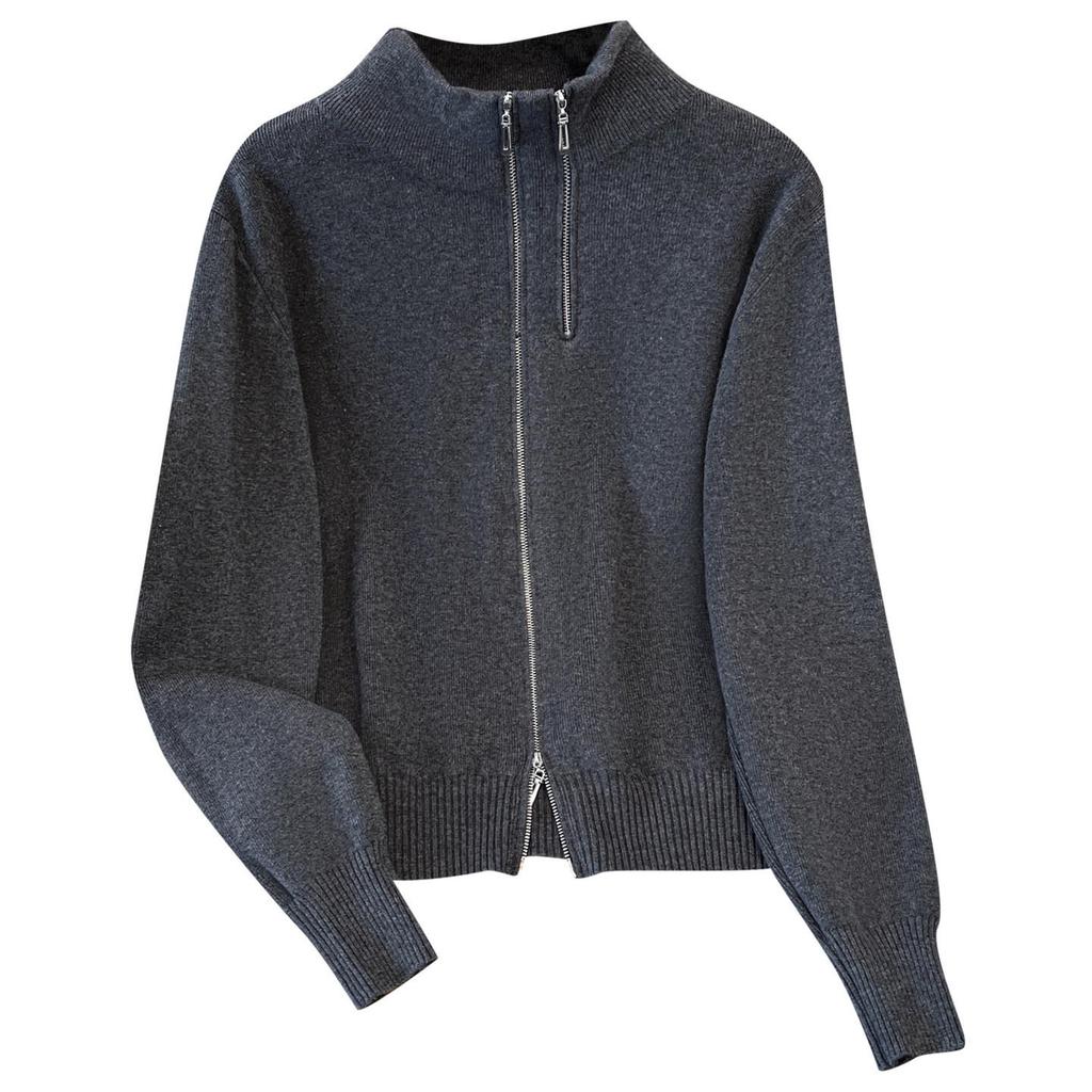 Gray Women's Knitted Sweater, Half-High Collar, Zipper Jacket, 2026 Spring Style - Versatile Base Layer or Outerwear