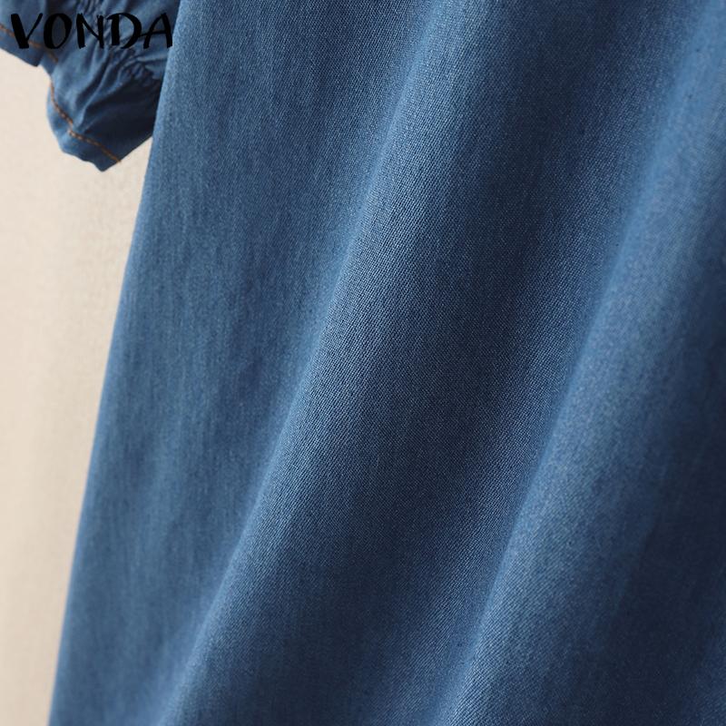 VONDA Summer Women Puff Sleeve Demin Blue Casual Tops Blouse