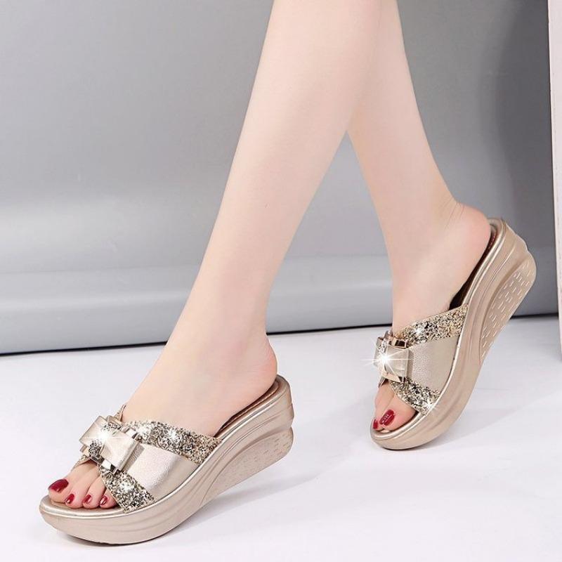 New slope heel butterfly cool slippers women's summer wear fashion knot fish mouth slippers women's mother shoes