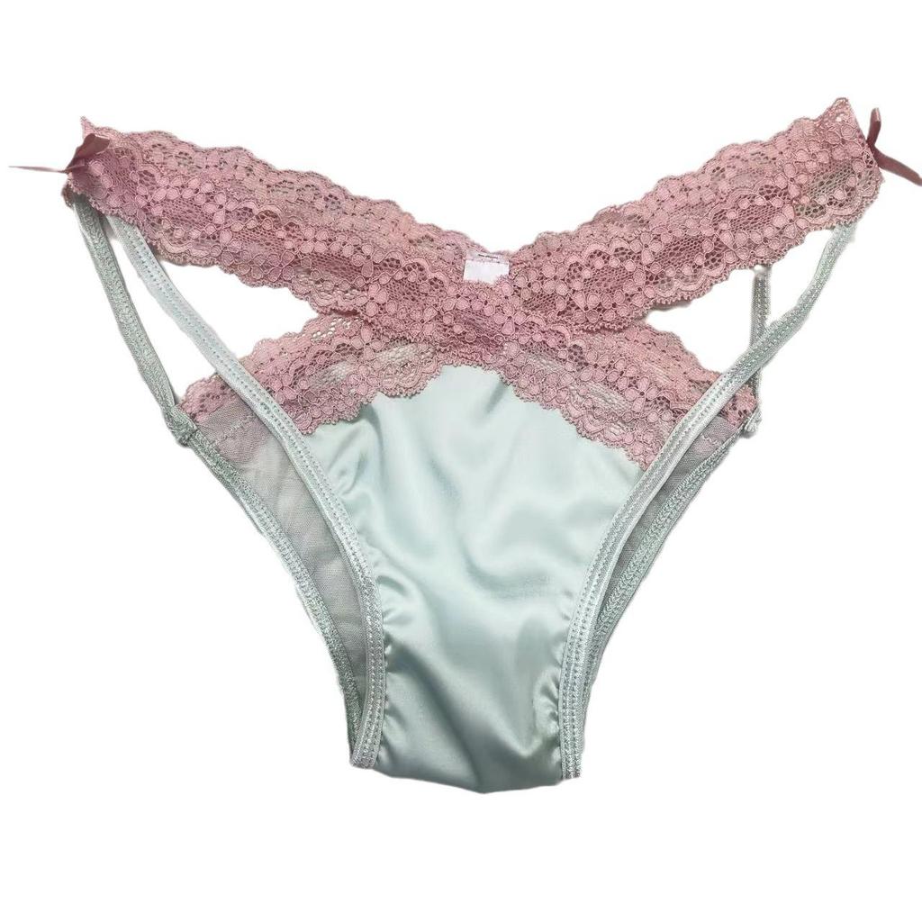Rose Pink Lace Trim Satin Bowknot Panties for Women