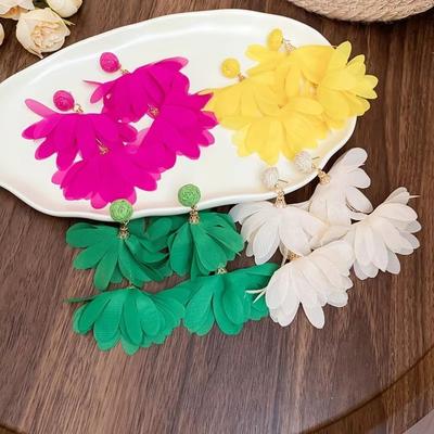 Trendy Exaggerated Chiffon Flower Earrings Boho Style Colorful Fabric Tassel Earrings Handwoven Long Drop Earrings Jewelry Gifts