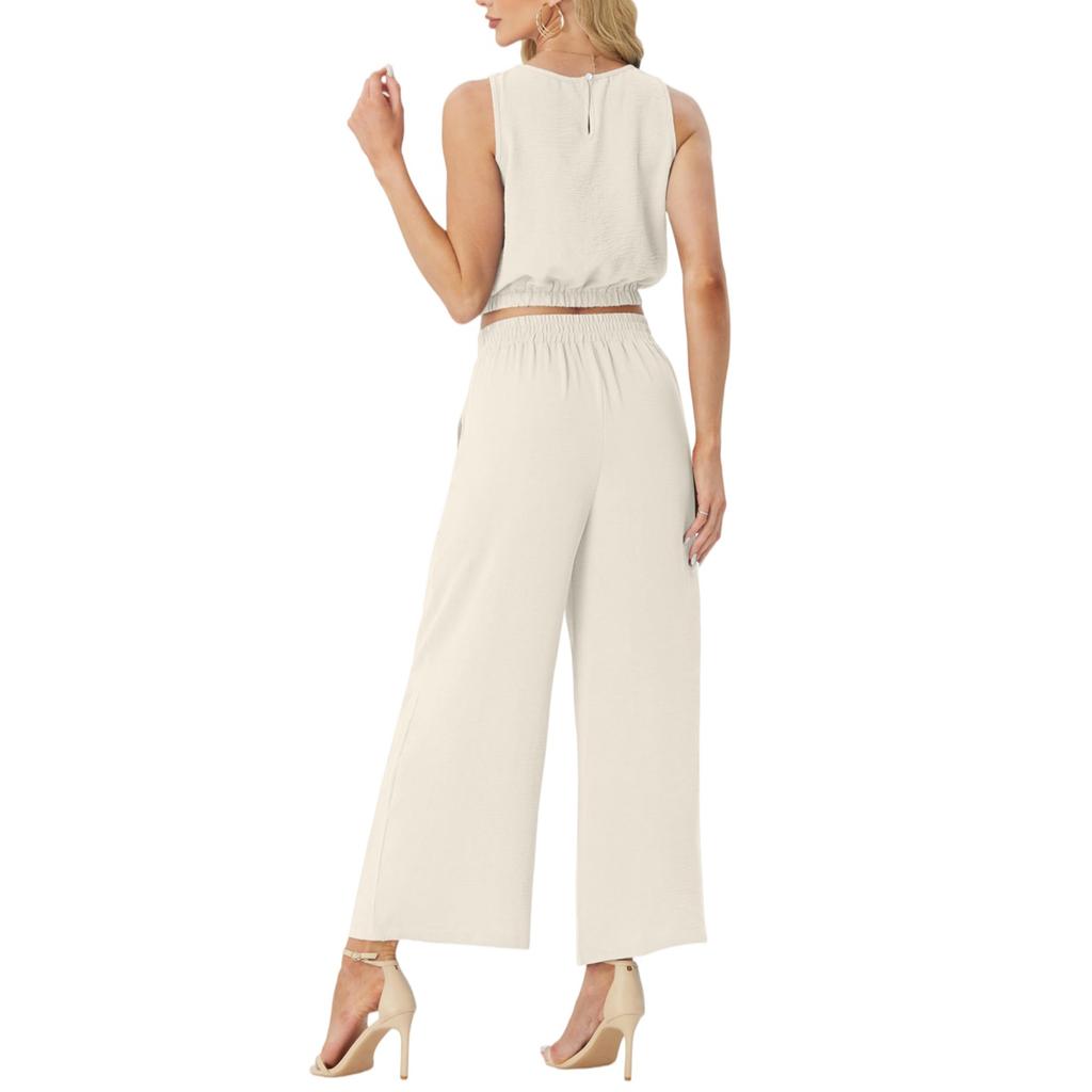 Damenmode Lässiges Ärmelloses Tanktop Mit Elastischem Saum Und High Waist Weiter Bein Zweiteiliges Set