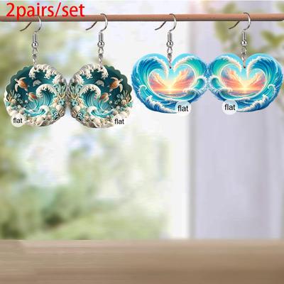Pendientes Largos Acrílicos con Forma de Tortuga y Ola Chic Para Mujer Pendientes Planos 2D Pendientes de Verano Pendientes de Moda Y2K Pendientes Casuales de Vacaciones Regalo para Mujer