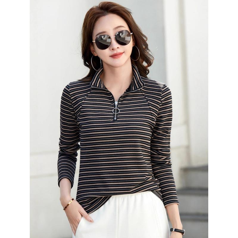 Herbst Reißverschluss Retro Gestreift Langarm Basic Shirt Schmale Passform Vielseitiges Lässiges Oberteil Damen Neues Modisches Oberteil