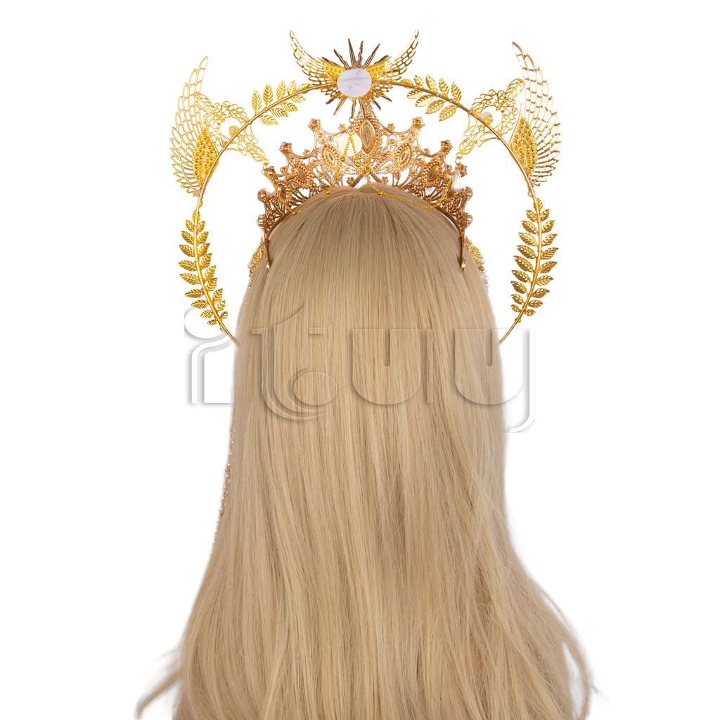 Lolita Angel Wings Gold Sun Leaves Spiked Sunburst Halo Crown Headpiece Goth Crystal Pearl Pendant Holy Crown Bride Wedding Gift
