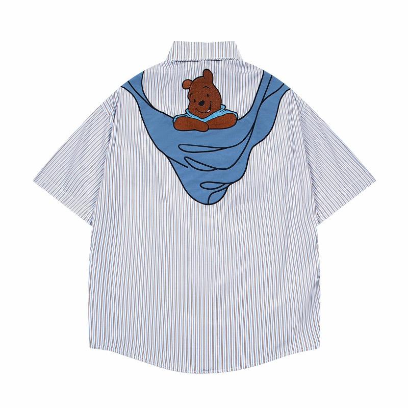 American Retro Fun Bear Embroidered Striped Short-sleeved Shirt Men's and Women's Summer Loose Casual Versatile Shirt