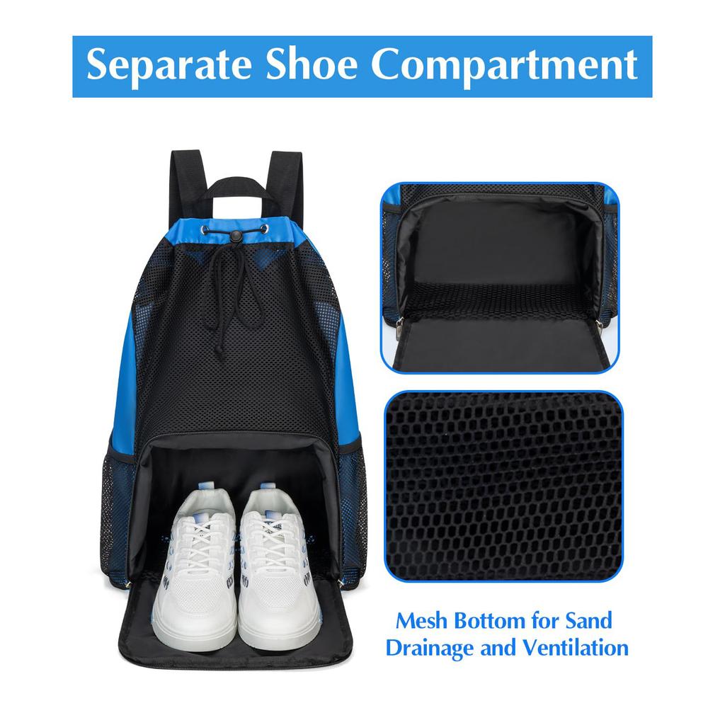 Drawstring Backpack Sand-proof Beach Backpack with Shoe Compartment and Wet Pocket Waterproof Mesh Beach Bag