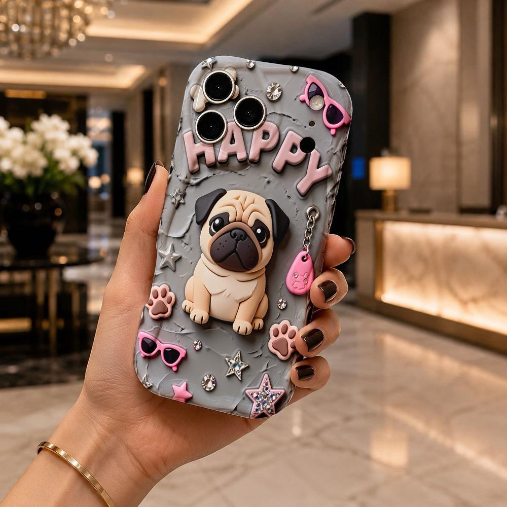 Pug HAPPY Letter Sunglasses Star Wavy Edge Phone Case for iPhone 17 16 15 14 13 12 11 8 7 Plus Pro Max Funny Dog