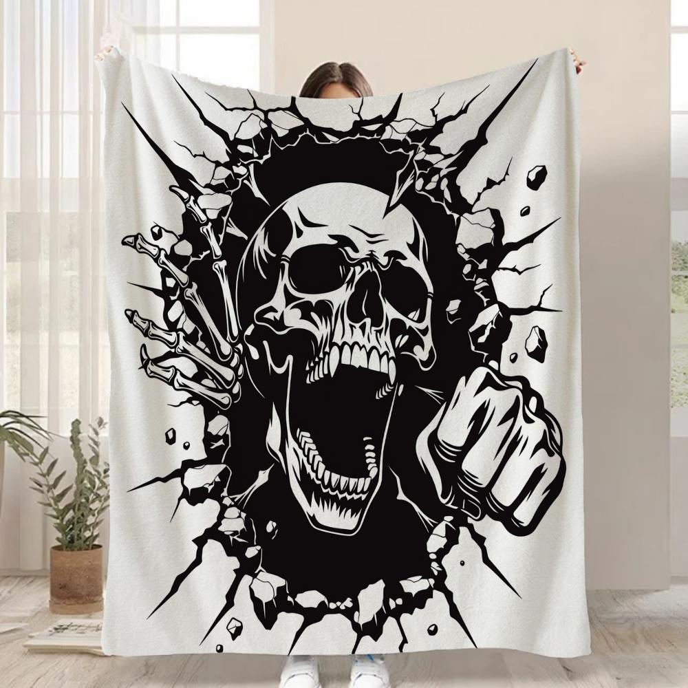 1pc Gothic Horror Blanket Suitable for Home Bedroom Sofa - Skull & Skeleton Breakthrough Wall, Soft Flannel Bedspread with Macab