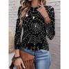 Vibrant Colors Eerie Style Spiderweb Pattern Design Black Series Round Neck Long Sleeve T-Shirt