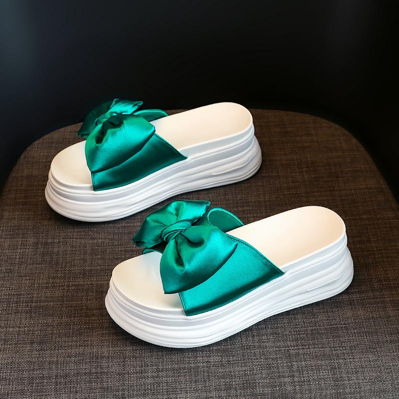 Bow slippers 2025 summer height increase platform women's shoes beach cool slippers comfortable to wear fish mouth design