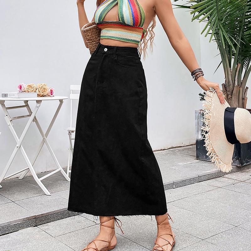 Women High Waist Pocket A Line Jean Denim Skirt