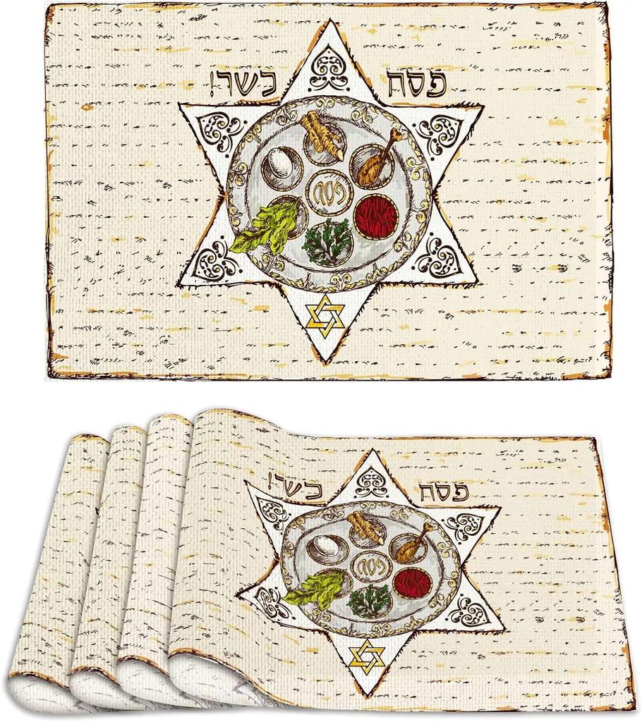 Passover Linen Placemats Kitchen Table Decor SIx Pointed Star Matzo Place Mats for Jewish Holiday Party Passover
