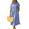Striped Lapel Button Down Shirt Dress with Pockets Summer Casual Short Sleeve A-line Long