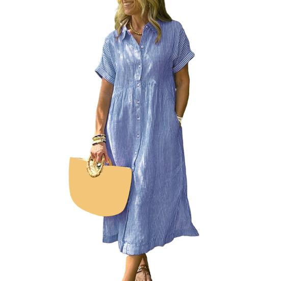 Striped Lapel Button Down Shirt Dress with Pockets Summer Casual Short Sleeve A-line Long