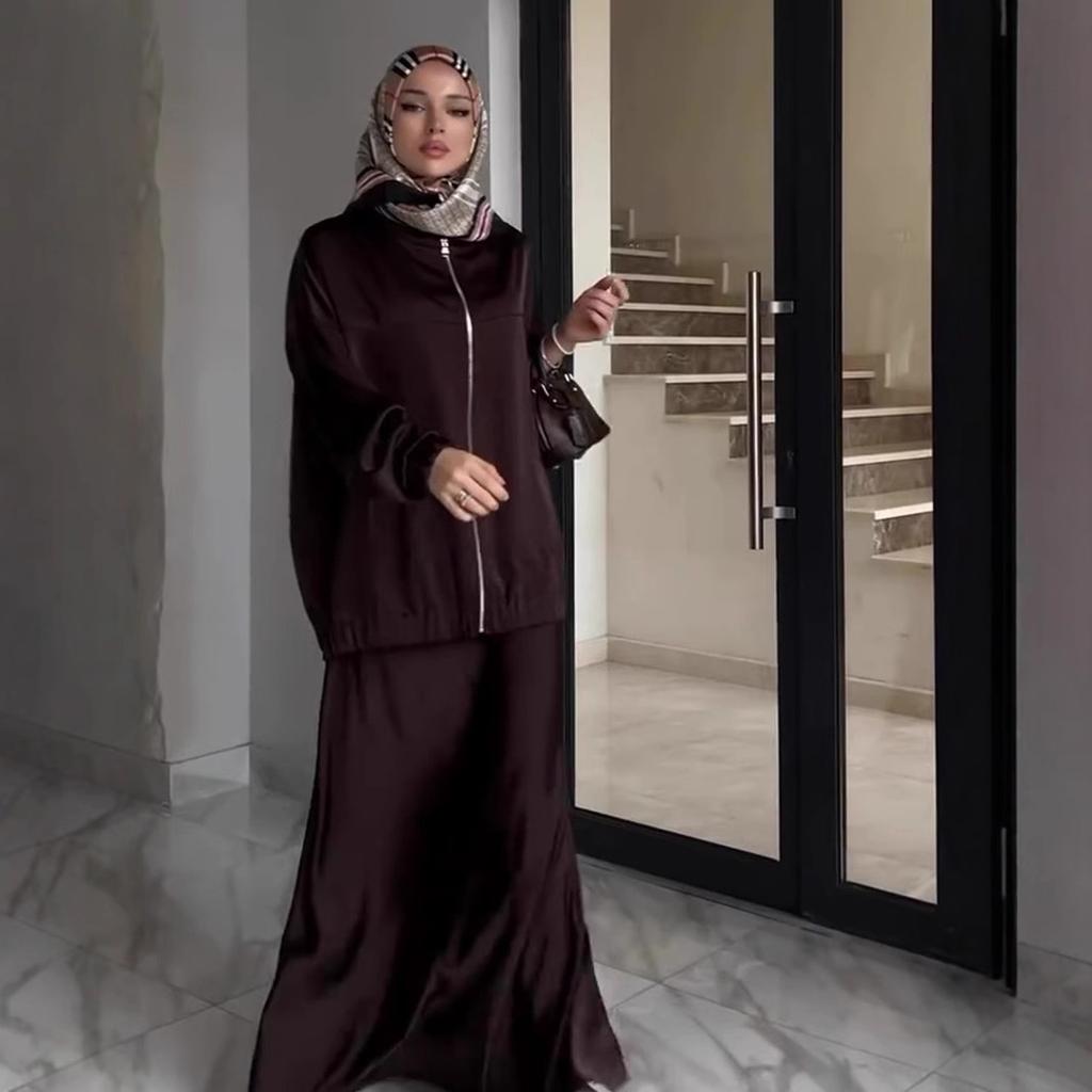 Women's Dark Brown Hooded Zip-Up Jacket and Long Skirt Set