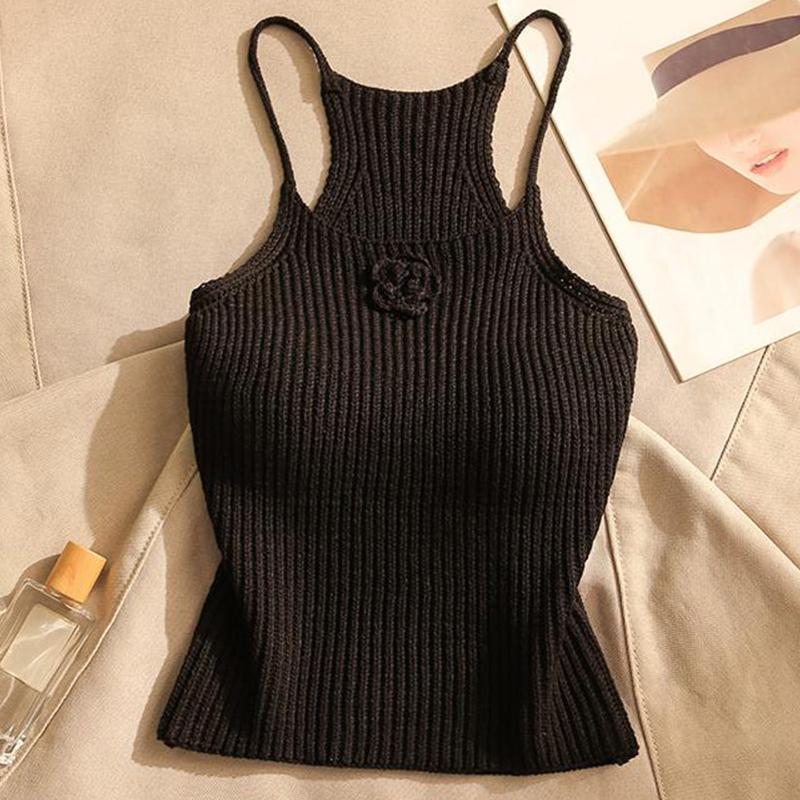 Summer Sexy Flower Knitted Camisole Women s Solid Color Sleeveless Slim Crop Top One size чёрный