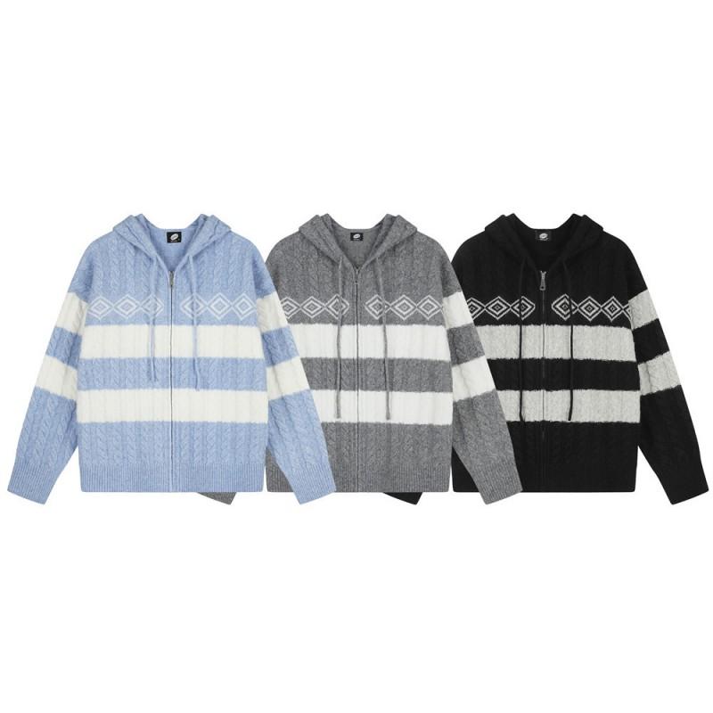 Mens Striped Color Block Hooded Cardigan Sweatshirt Loose Casual Knit Jacket