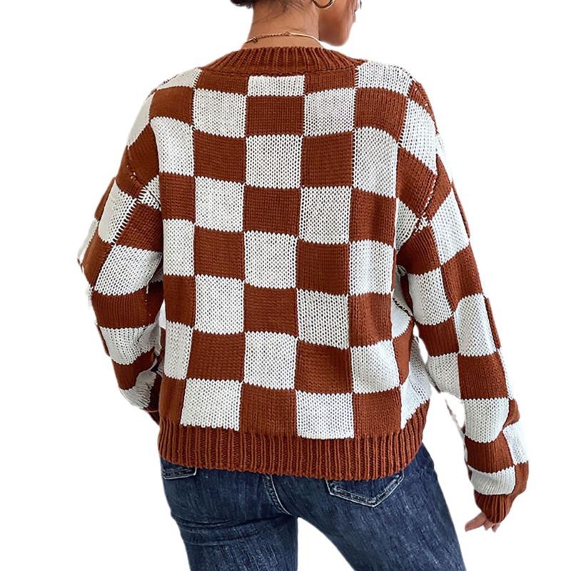 Autumn and Winter Women's Long Sleeve Colour Block Checker Plaid Loose Round Neck Pullover Sweater